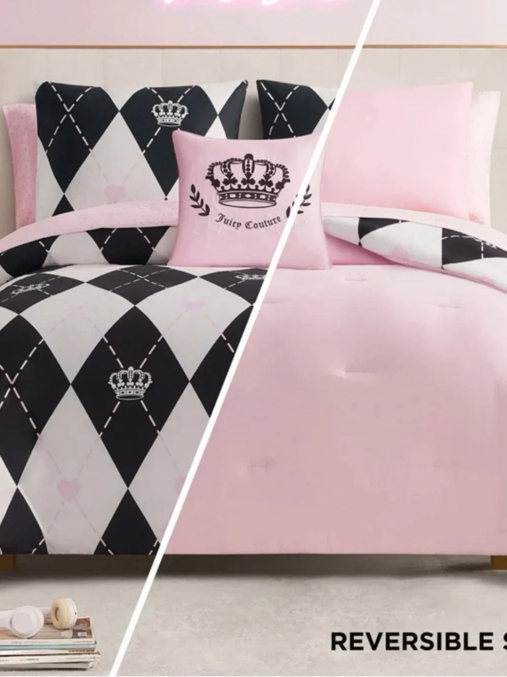 Juicy Couture Pink and Black Crown Reversable Comforter Set BRAND NEW